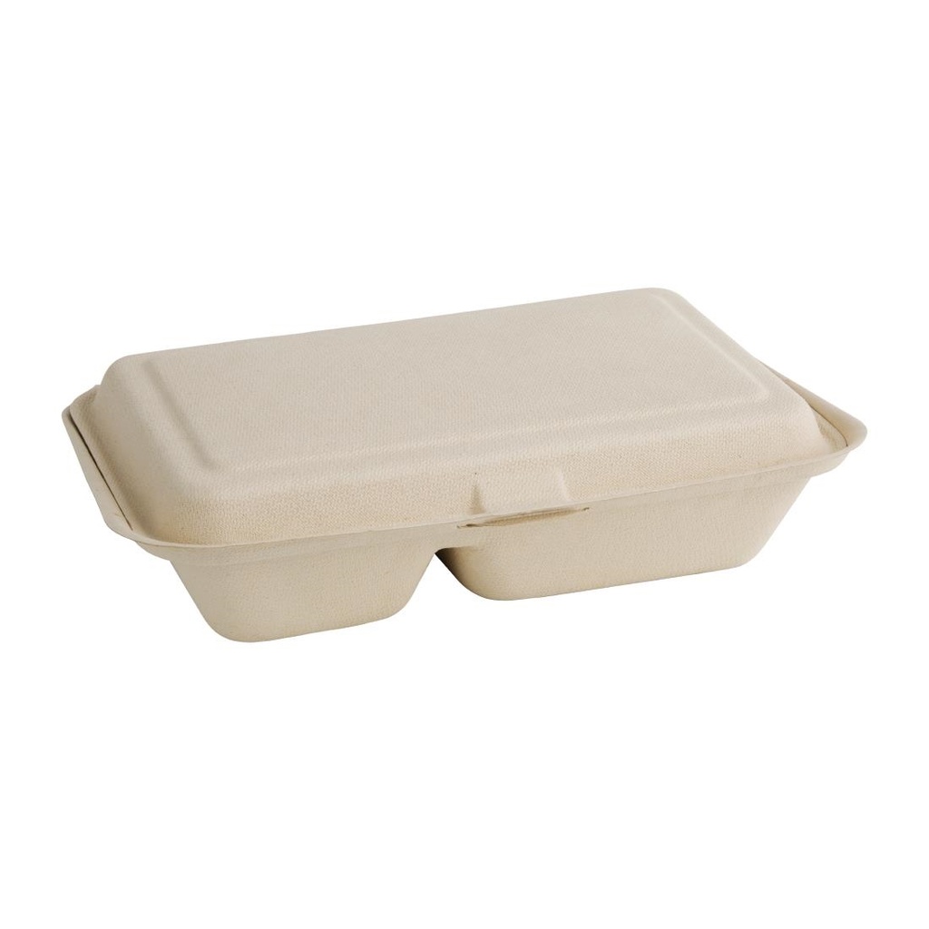 Boîtes 2 compartiments avec couvercle à charnière compostables en bagasse coloris naturel Fiesta Compostable 253mm (lot de 200)