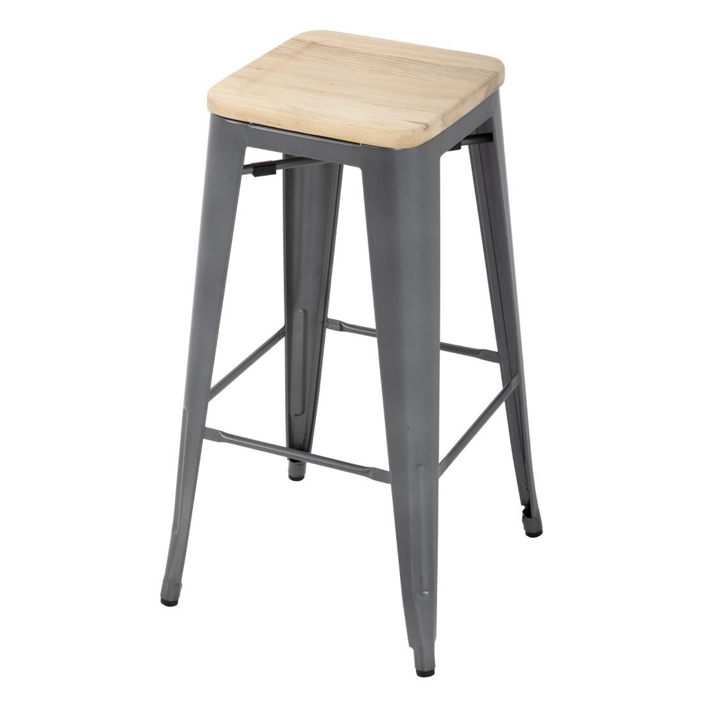 Tabouret bistro haut en acier gris avec assise en bois Bolero lot de 4