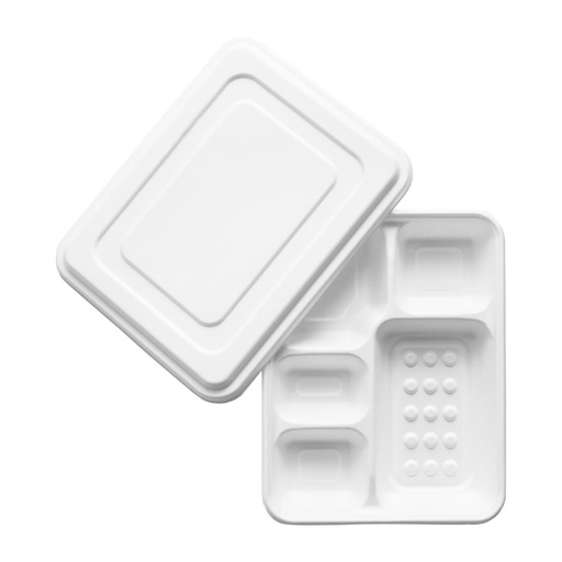 [CU546] Plateaux repas 5 compartiments en bagasse avec couvercle Vegware (lot de 200)