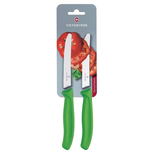 [CU554] Couteaux à tomates et de table dentés Victorinox 11cm verts (lot de 2)