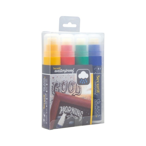 [CU923] Marqueurs craie waterproof Securit (verre+ ardoise) pointe 7-15mm rouge, vert, jaune, bleu (lot de 4)