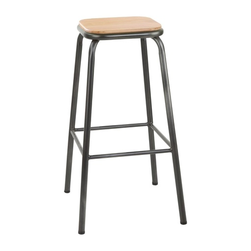 [FB936] Tabouret haut gris métallisé avec assise en bois Bolero Cantina lot de 4