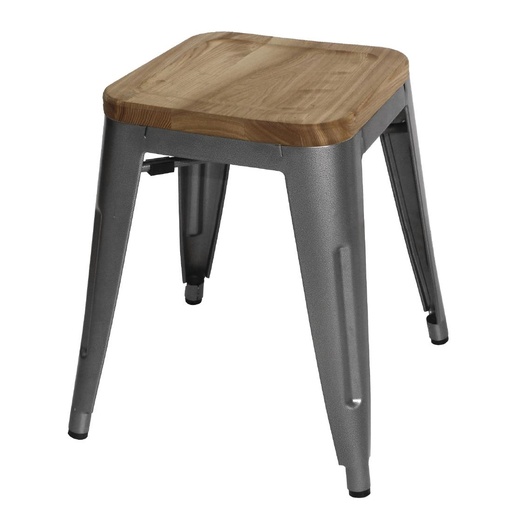 [GM636] Tabourets bistro bas en acier gris métal avec assise en bois Bolero (lot de 4)