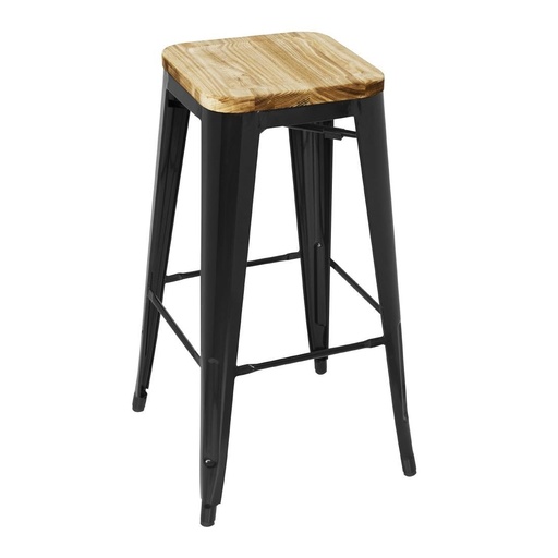 [GM640] Tabouret bistro haut en acier noir avec assise en bois Bolero lot de 4