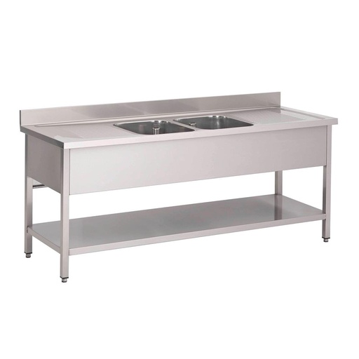 [GN204] Plonge inox avec étagère basse Gastro M 2 bacs au centre 200 x 70 x 85 cm