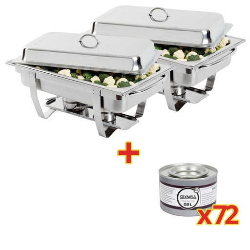 [S601] OFFRE SPÉCIALE Lot de 2 chafing dish Milan GN 1/1 + 72 capsules de gel combustible Olympia