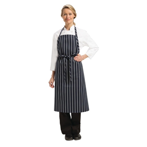 [B249] Tablier bavette tissé Chef Works Premium rayures bleue marine et blanches